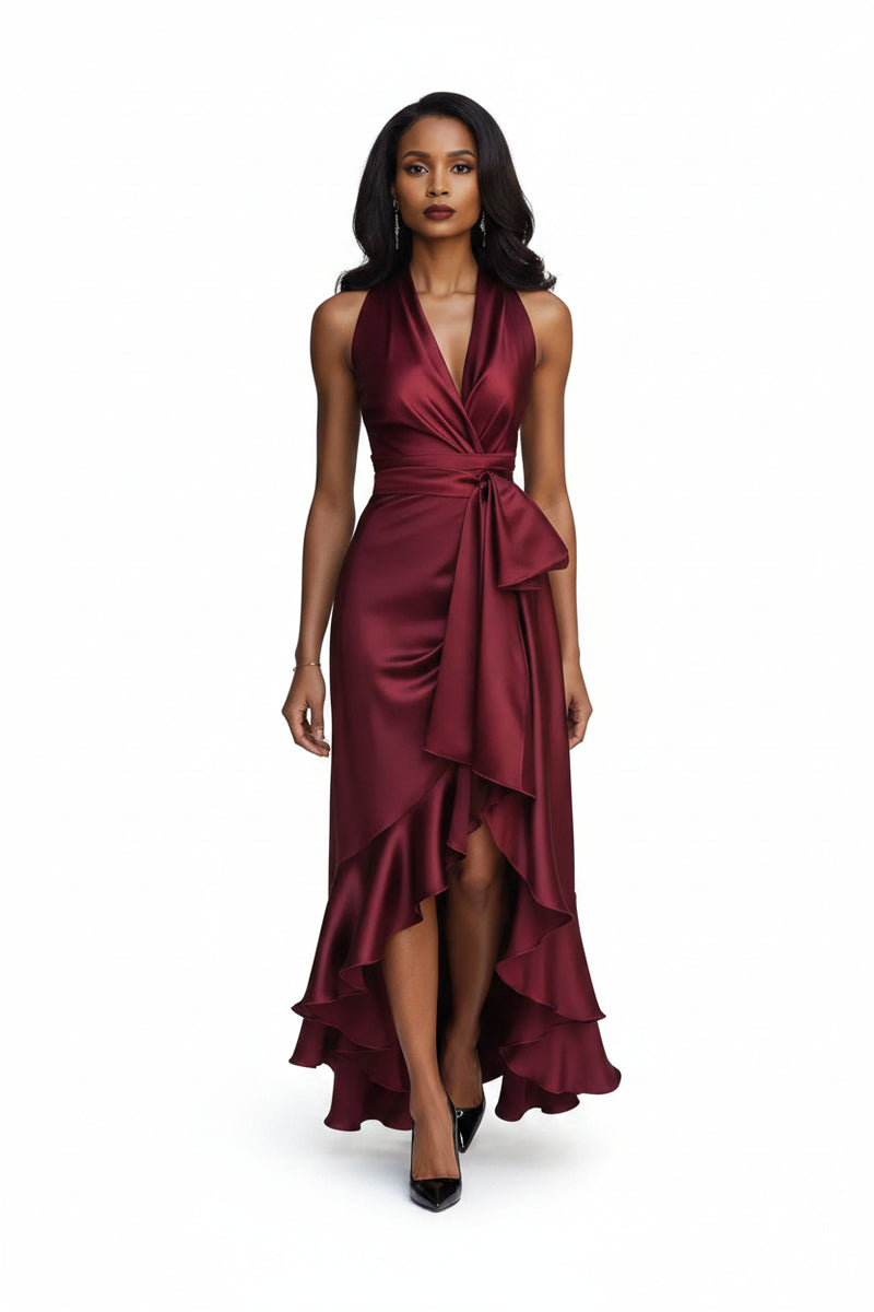 Wine red satin maxi dress with surplice V-neck and cascading ruffled high-low hem