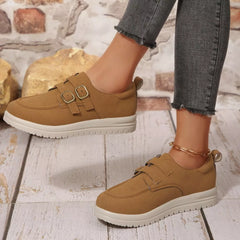 Tan buckle-accent casual loafers with double buckle strap and white platform sole