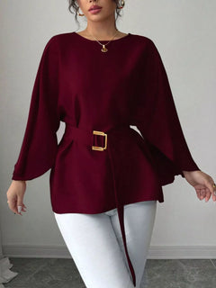 Wine red belted batwing sleeve blouse with gold buckle belt, long loose sleeves