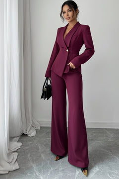 Burgundy one-button blazer and wide-leg pants set with gold-tone buttons