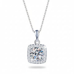 925 sterling silver moissanite pendant necklace with teardrop bail and cushion halo stone