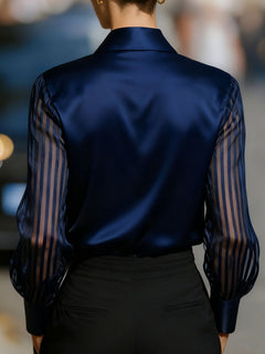 Navy back view collared button-up shirt with sheer striped sleeves