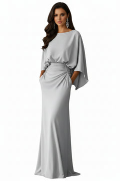 Silver batwing-sleeve ruched maxi dress with gathered waist