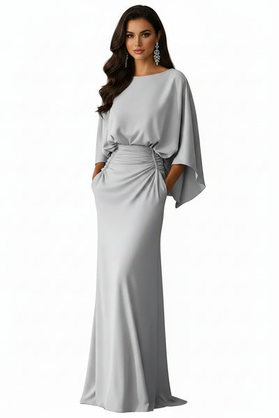 Silver batwing-sleeve ruched maxi dress with gathered waist