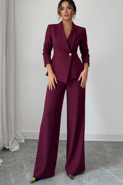Burgundy one-button blazer and wide-leg pants set, tailored V-neck front