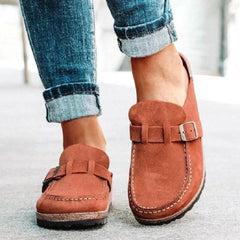 Suede round-toe low-heel loafers with buckle strap and stitched detail