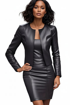 Black leather open-front jacket and fitted dress set, side front view