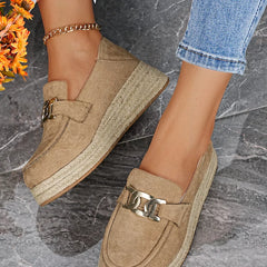 Suede round-toe platform loafers in tan with metal buckle and thick rope platform sole