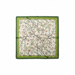Silk scarf with delicate blossom branch print on light base, dark green border