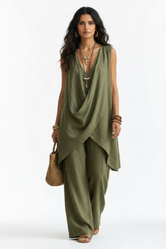 Sleeveless asymmetrical top and wide-leg pants set in olive green, draped crossover front