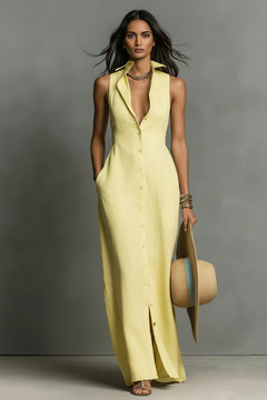 Pastel yellow sleeveless button-down maxi dress with V-neck and front buttons