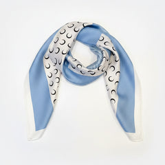 Printed silk square scarf with crescent moon design and light blue side panels