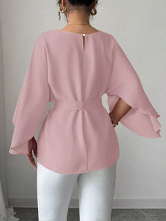 Pink belted batwing sleeve blouse with keyhole back and loose draped sleeves