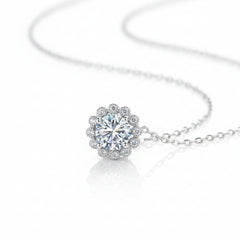 925 sterling silver moissanite flower necklace, round center with scalloped halo