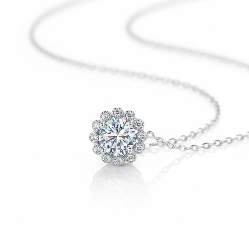 925 sterling silver moissanite flower necklace, round center with scalloped halo