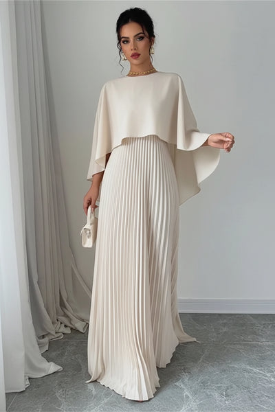 Cream pleated maxi dress with cape sleeves and draped shoulder overlay