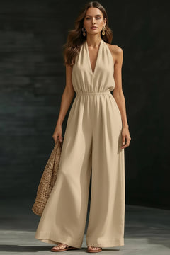 Apricot halter-neck wide-leg jumpsuit with V-neck and cinched waist