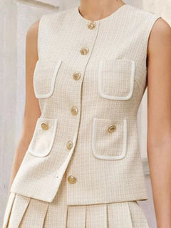 Beige tweed button-front vest with patch pockets and gold buttons