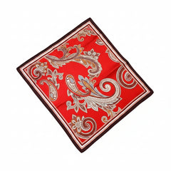 Deep red silk paisley scarf with white, tan, and brown ornamental motifs and dark border