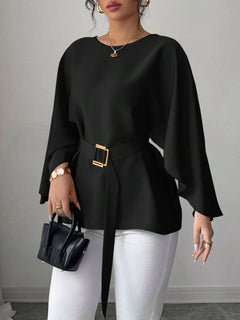 Black batwing sleeve belted blouse with square buckle waist, relaxed peplum hem