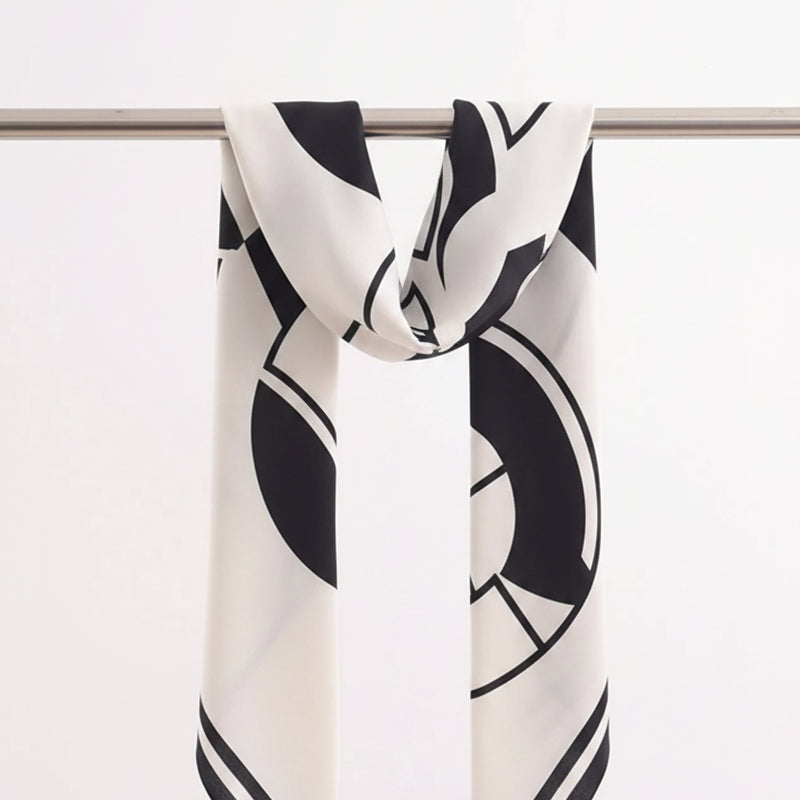 Square flower silk scarf with bold black-and-white abstract flower pattern