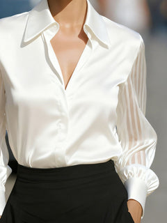 White collared shirt with button front and sheer striped sleeves