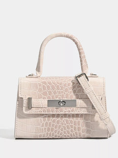 Off-white croc-embossed top-handle handbag with front plaque and shoulder strap
