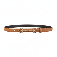 Tan leather belt with gold-tone double ring buckle and perforated adjustment holes.