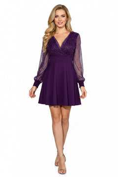Purple glitter mesh long-sleeve mini dress with V-neck and pleated skirt