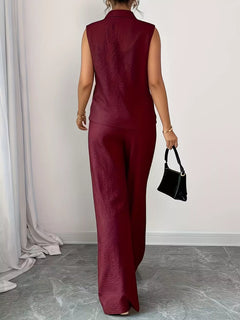 Burgundy sleeveless top and wide-leg pants set, back view with long wide legs