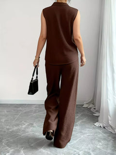 Chocolate sleeveless top and wide-leg pants set, back view with V-neck