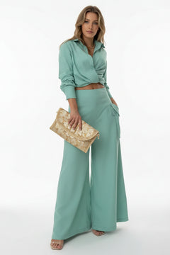 Long sleeve shirt and wide leg pants set in mint green, button-front shirt and wide-leg trousers