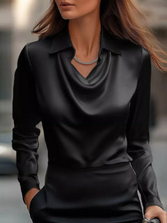 Black satin cowl-neck long-sleeve blouse with pointed collar and V drape