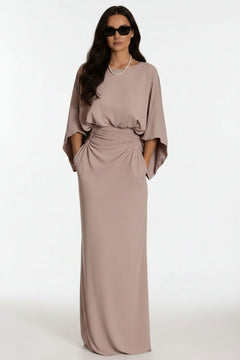 Taupe batwing-sleeve ruched maxi dress with gathered waist