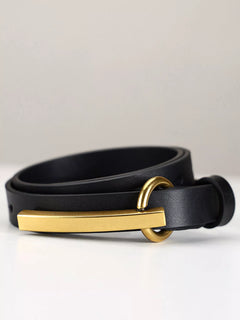 Black leather belt with gold buckle and bar keeper, single pin holes visible