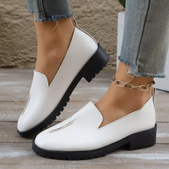 White round-toe block heel loafers with ankle chain and V-cut vamp