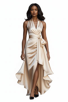 Ivory satin maxi dress with V-neck wrap bodice, sash tie, and ruffled high-low hem