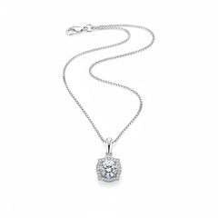 Sterling silver moissanite halo necklace with square pendant centerpiece on chain