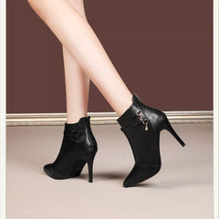 Black pointed-toe stiletto ankle boots, textured finish and side chain embellishment