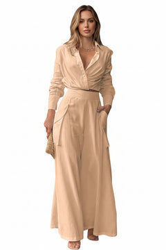 Tan long-sleeve shirt and wide-leg pants set with wrap-style button front