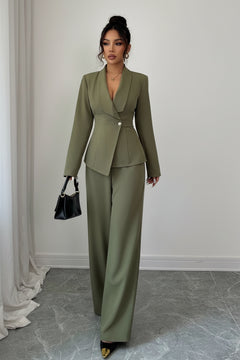 Olive one-button blazer and wide-leg pants set with tailored fit and gold button