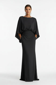 Black batwing-sleeve ruched maxi dress with gathered waist