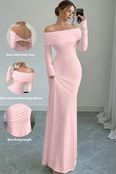 Pink off-shoulder long sleeve maxi dress, fitted bodice and long skirt.