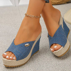 Blue peep-toe wedge sandals with jute platform, textured straps, and ankle bracelet