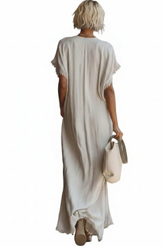 White lace-trim V-neck maxi dress, back view with short sleeves and gathered hem