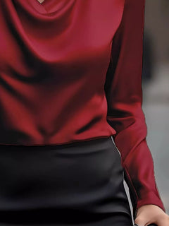 Burgundy satin cowl-neck long-sleeve blouse with draped front