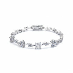 Sterling silver moissanite bracelet with rectangular center and square prong-set stones