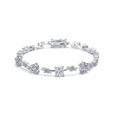 Sterling silver moissanite bracelet with rectangular center and square prong-set stones