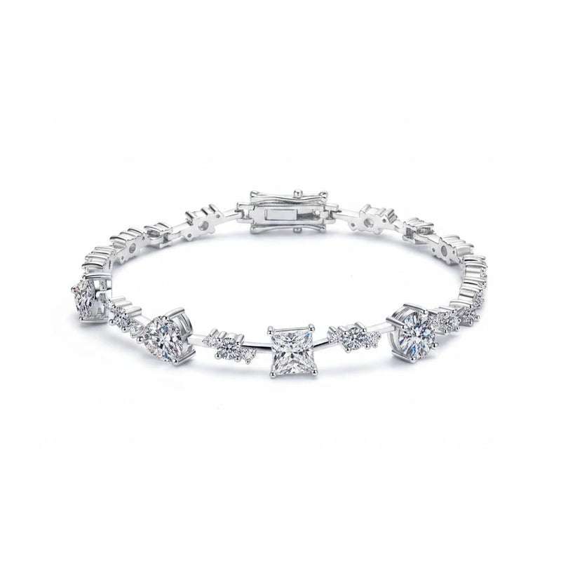 Sterling silver moissanite bracelet with rectangular center and square prong-set stones
