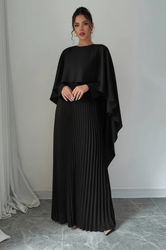 Black pleated maxi dress with cape sleeves and pleated long skirt, front view